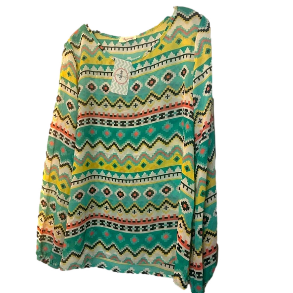 Tribal Print Long Sleeve Rachel Kate Mint Turquoise large blouse